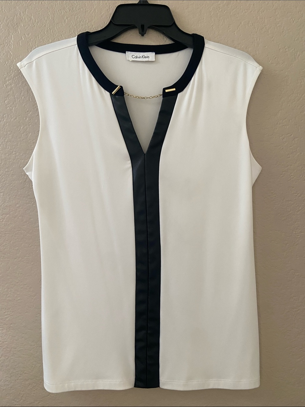 Calvin Klein White Blouse with Black “Leather” Trim & Gold Chain Accent, M
